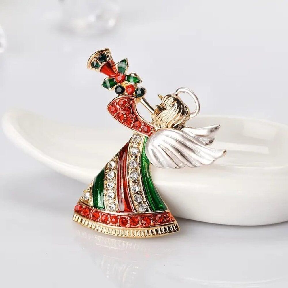 Elegant Christmas Angel Brooch, Trumpet-Playing Angel w Sparkling Rhinestones